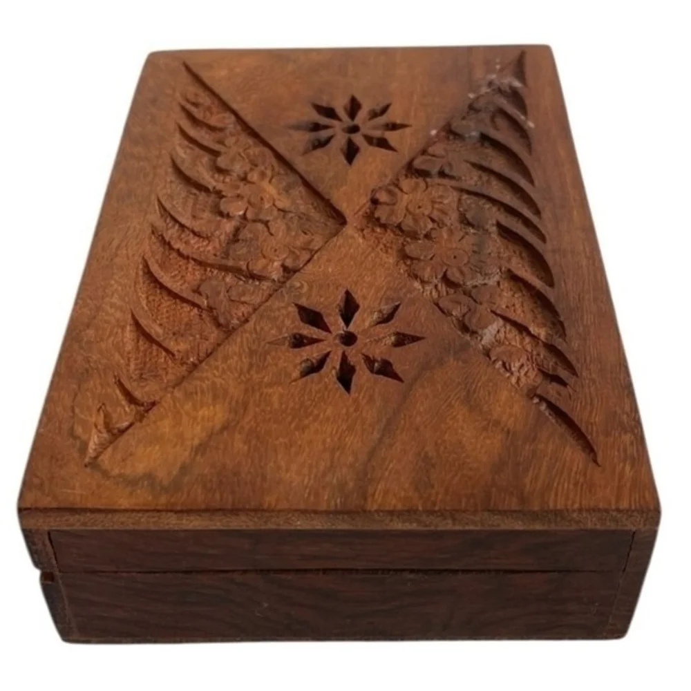 Vintage Brown Wooden Jewelry Box Hand Carved 4x1.5x6